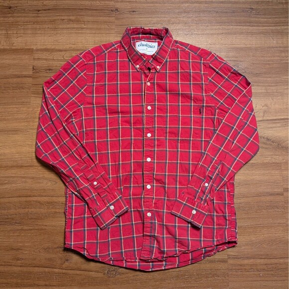 Chubbies Button Shirt Mens Medium Red Check Long Sleeve Stretch Casual - Picture 1 of 11